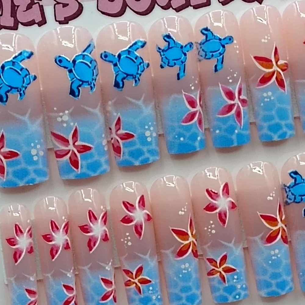 Tropical Turtle and Flower Press-On Nails